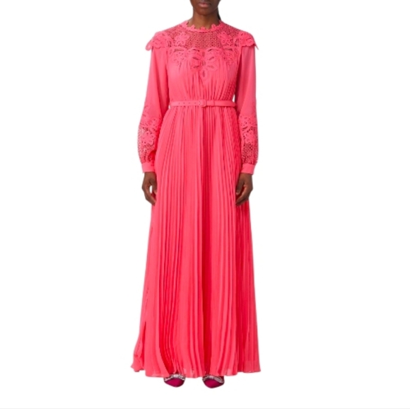 Self-Portrait Dresses & Skirts - Self-Portrait Coral Pink Chiffon Lace Bib Maxi Pleated Dress – Size US 6 NWT